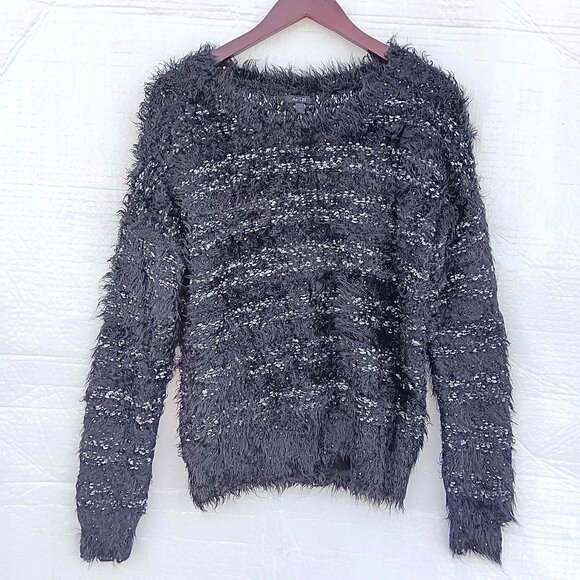 2 for $15 Apt 9 Sequin Sweater Black White Fuzzy Eyelash Sweater Women's Large - Picture 1 of 9